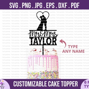 Mr and Mrs Cake Topper svg - DIY Personalizar nombre de pareja, aniversario de boda svg, recién casados, boda svg, decoración svg, archivo de corte cricut