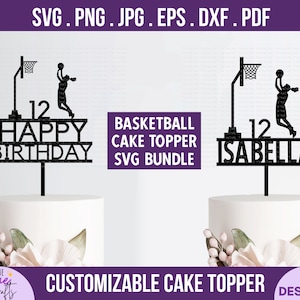 Baloncesto femenino cumpleaños pastel topper svg - DIY personalizar nombre y edad, feliz cumpleaños svg, pastel de baloncesto topper svg, archivo de corte cricut