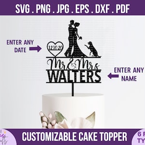 ミスター＆ミセス ウェディング ケーキ トッパー svg - DIY パーソナライズ カップルの名前と日付、記念日 svg、新郎新婦、犬とカップル、クリカット カット ファイル