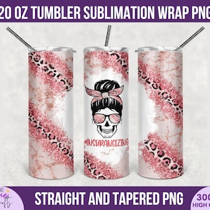 May include: Three 20 oz tumblers featuring a sublimation wrap design with a pink glitter and leopard print pattern. The center tumbler displays a black and white skull wearing a pink patterned headband and glasses with the text #INSURANCIZING.