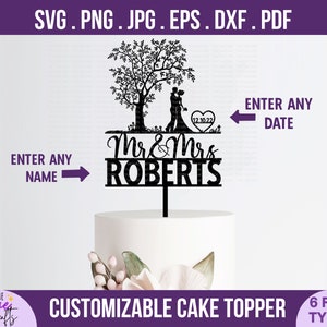 Mr et Mrs Tree Wedding Cake Topper svg-DIY Personnaliser le nom et la date du couple, anniversaire svg, bois rustiques, la mariée et le marié, fichier de coupe cricut