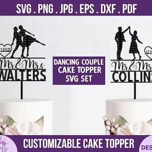 Mr and Mrs Cake Topper svg -DIY Personalizar nombre y fecha de pareja, pareja bailando salsa, aniversario de bodas, recién casados, archivo cortado