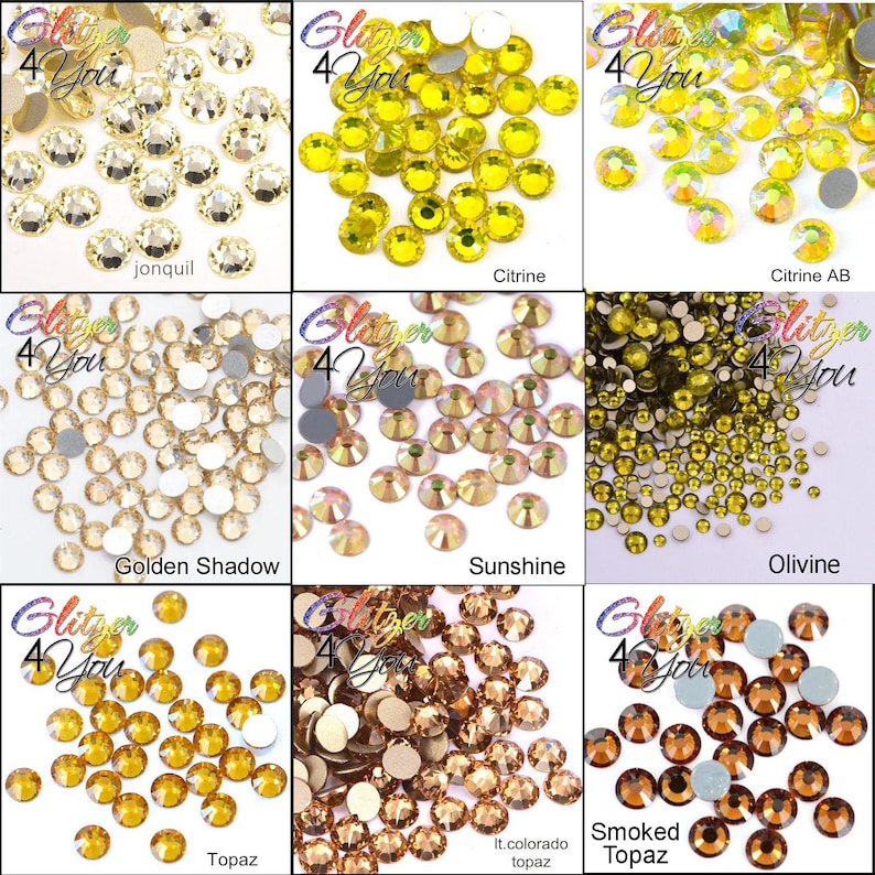 May include: A collection of nine distinct groups of round, faceted rhinestones labeled with the text Glitzer 4 You. The colors include jonquil, citrine, citrine AB, golden shadow, sunshine, olivine, topaz, light colorado topaz, and smoked topaz.