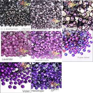 May include: A collection of flat back rhinestones in various shades of purple and black, labeled as Amethyst Satin, Light Amethyst Satin, Tanzanite, Lavender, Lavender Crystal, Purple Velvet, Violet, and Heliotrope, with Glitzer 4 You text.