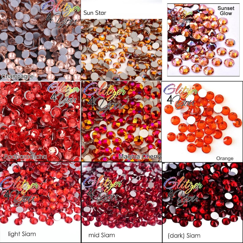 May include: A collection of round, faceted rhinestones in various shades of red, orange, and champagne. The colors are labeled as Champagne, Sun Star, Sunset Glow, Padparadscha, Magma Cherry, Orange, light Siam, mid Siam, and dark Siam.