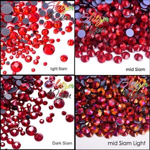 Puede incluir: Cuatro tonos diferentes de diamantes de imitación rojos, etiquetados como "light Siam", "mid Siam", "dark Siam" y "mid Siam Light".