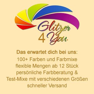 May include: A logo featuring a multicolored fan-shaped graphic above the text Glitzer 4 You. Below this, the text reads: Das erwartet dich bei uns: 100+ Farben und Farbmixe, flexible Mengen ab 12 St&uuml;ck, pers&ouml;nliche Farbberatung & Test-Mixe mit verschiedenen Gr&ouml;&szlig;en, schneller Versand.