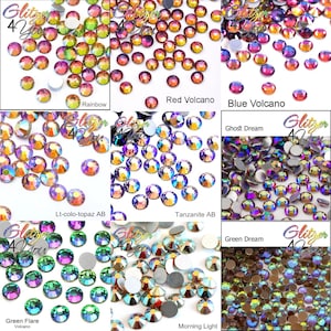 May include: A collection of round, faceted rhinestones in various colors including rainbow, red volcano, blue volcano, light color topaz AB, tanzanite AB, ghost dream, green flare volcano, green dream, and morning light, labeled Glitzer 4 You.
