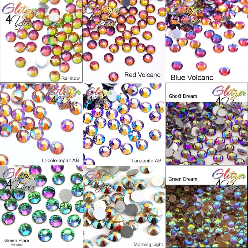 May include: A collection of round, faceted rhinestones in various colors including rainbow, red volcano, blue volcano, light color topaz AB, tanzanite AB, ghost dream, green flare volcano, green dream, and morning light, labeled Glitzer 4 You.
