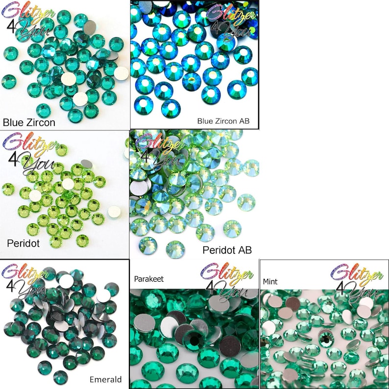 May include: A collection of round, faceted flat-back rhinestones in various shades of green and blue, labeled as Blue Zircon, Blue Zircon AB, Peridot, Peridot AB, Parakeet, Emerald, and Mint, with the Glitzer 4 You logo visible.
