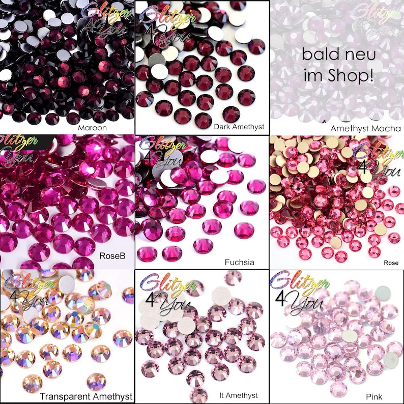 May include: A grid of nine sections displaying various round, faceted rhinestones in shades of maroon, dark amethyst, amethyst mocha, rose B, fuchsia, rose, transparent amethyst, light amethyst, and pink, with the text bald neu im Shop.