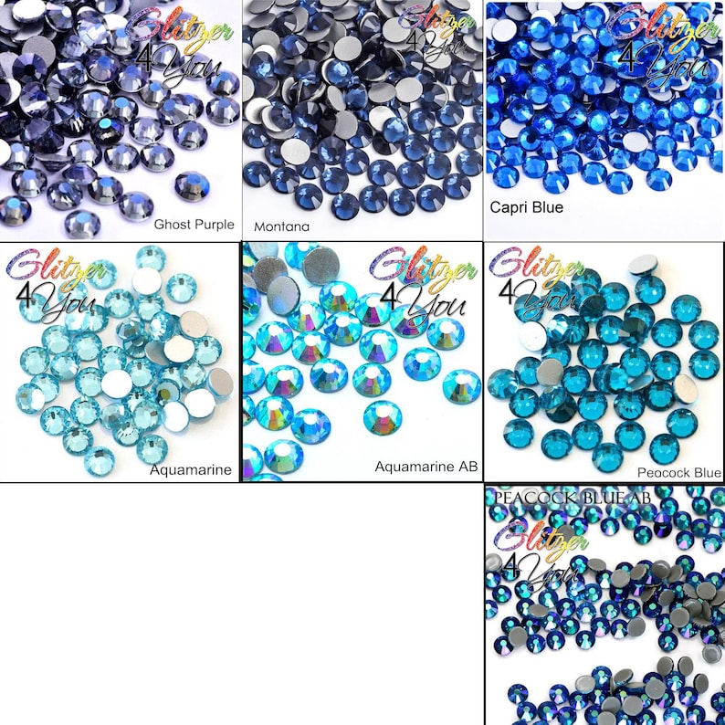 May include: A collection of round, faceted flat-back rhinestones in various blue and purple shades, labeled as Ghost Purple, Montana, Capri Blue, Aquamarine, Aquamarine AB, Peacock Blue, and Peacock Blue AB, each featuring the Glitzer 4 You logo.