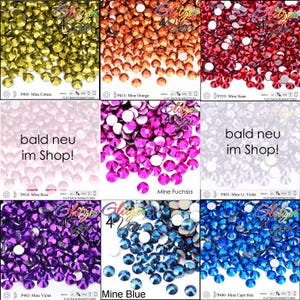May include: A collection of nine square panels displaying various colors of flat back rhinestones. The panels feature text including Glitzer 4 You, Mine Citrine, Mine Orange, Mine Siam, Mine Rose, Mine Fuchsia, Mine Lt. Violet, Mine Violet, Mine Blue, Mine Capri blue, and the German text bald neu im Shop!