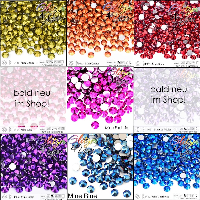 May include: A collection of nine square panels displaying various colors of flat back rhinestones. The panels feature text including Glitzer 4 You, Mine Citrine, Mine Orange, Mine Siam, Mine Rose, Mine Fuchsia, Mine Lt. Violet, Mine Violet, Mine Blue, Mine Capri blue, and the German text bald neu im Shop!
