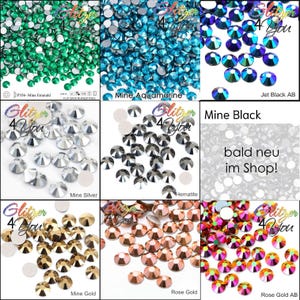 May include: A collection of flat back rhinestones in various colors including emerald, aquamarine, jet black AB, silver, hematite, gold, rose gold, and rose gold AB. Each section features the Glitzer 4 You logo and color names.