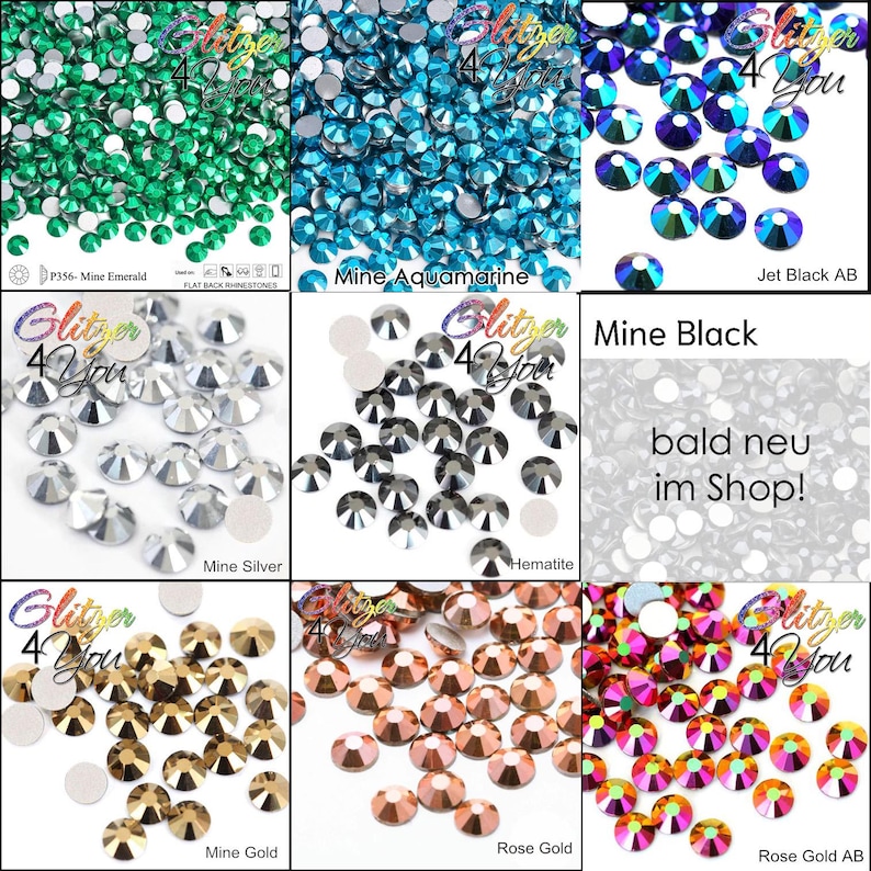 May include: A collection of flat back rhinestones in various colors including emerald, aquamarine, jet black AB, silver, hematite, gold, rose gold, and rose gold AB. Each section features the Glitzer 4 You logo and color names.