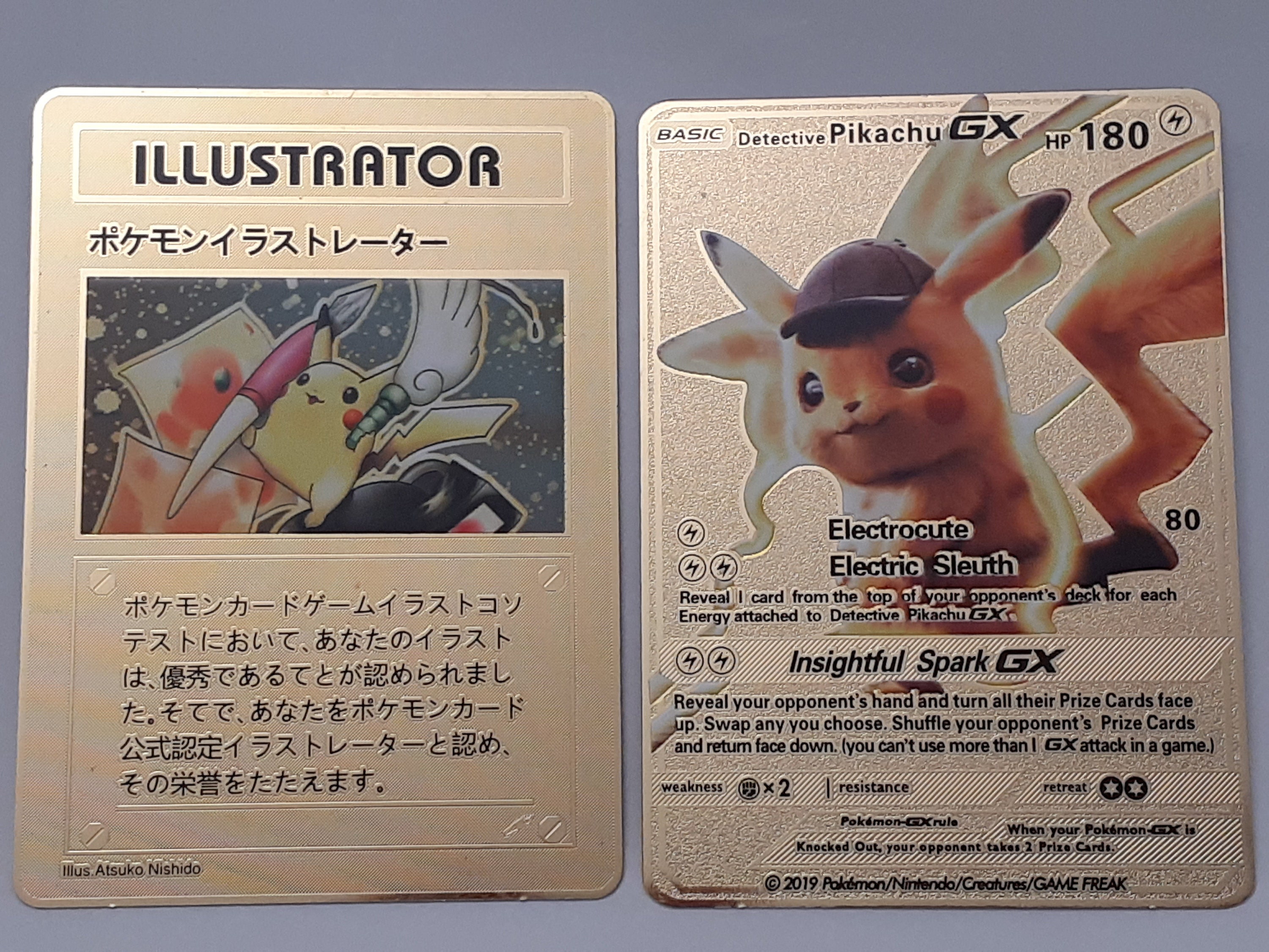 pokemon cards detective pikachu gx Illustrator and Detective Pikachu GX Pokemon Gold Metal Card Display  Japanese Promo