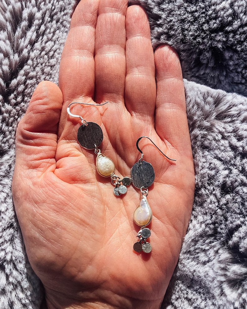 Handmade Jewelry Pearl Drops Irregular Pearls outlined in Sterling Silver Boho Chic Earrings