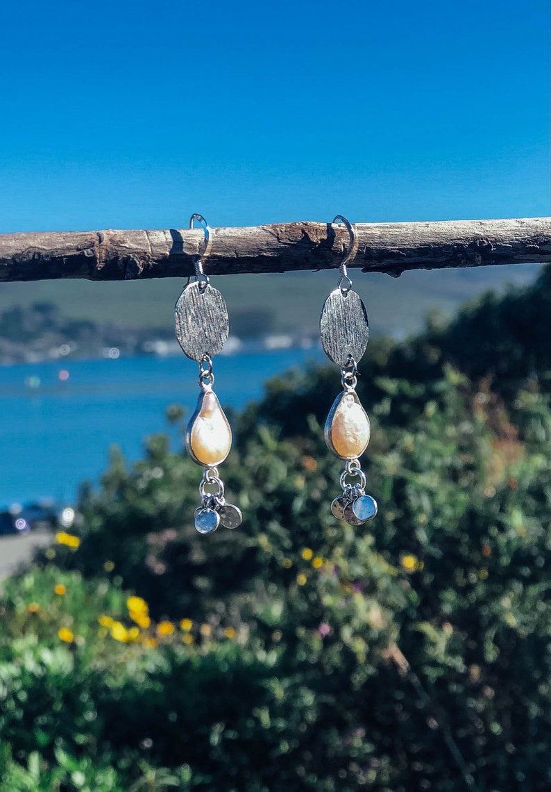 Handmade Jewelry Pearl Drops Irregular Pearls outlined in Sterling Silver Boho Chic Earrings