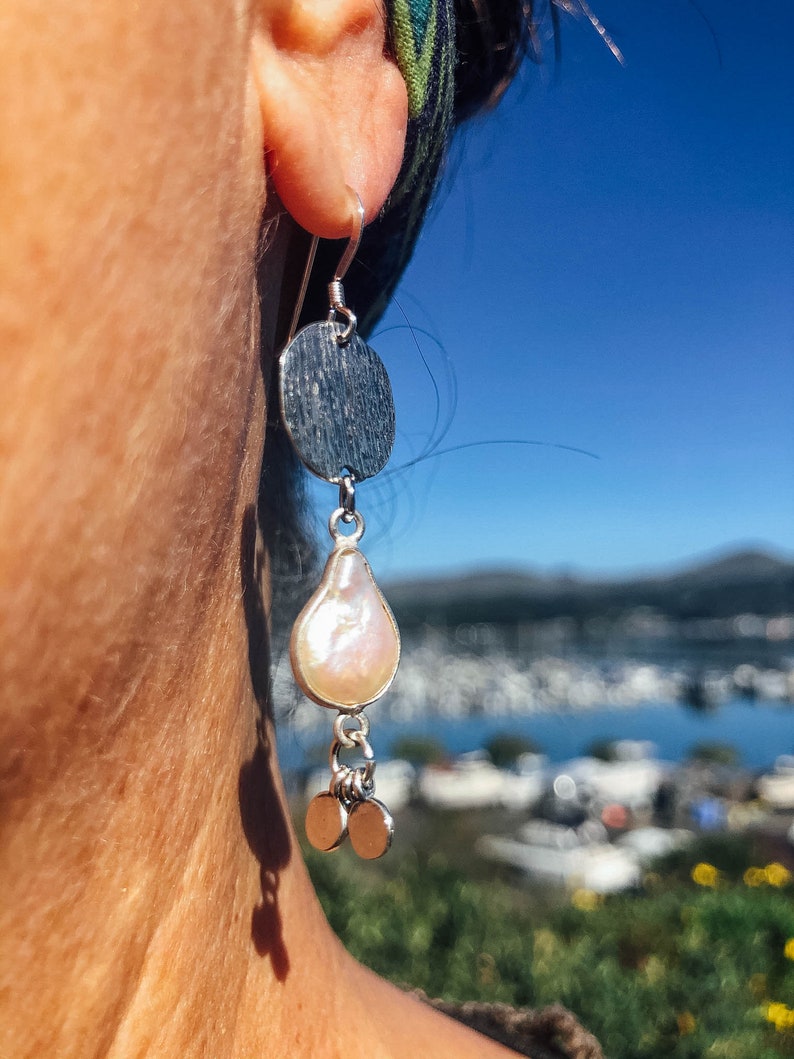Handmade Jewelry Pearl Drops Irregular Pearls outlined in Sterling Silver Boho Chic Earrings