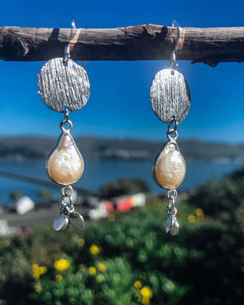 Handmade Jewelry Pearl Drops Irregular Pearls outlined in Sterling Silver Boho Chic Earrings