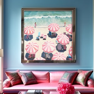 Hot Pink and White striped Umbrellas on a White Sandy Beach Art Florida Printable Instant Download, Multiple Sizes, Bubble Gum Pink
