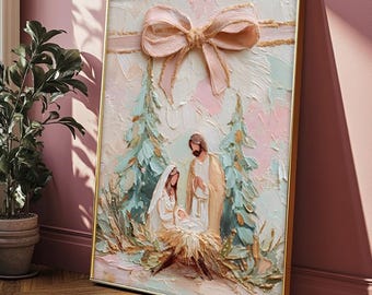 May include: A framed artwork depicting the Nativity scene, featuring Mary, Joseph, and baby Jesus. The painting has a textured, impasto style with soft pastel colors, a large pink bow, and a gold frame. The artwork is a religious themed home decor item.