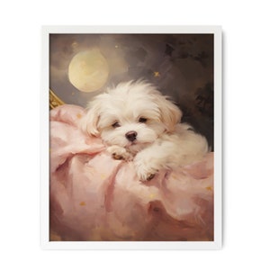 Cucciolo di cane maltese, arte per bambini, sonnolento, luna, corallo, pesca, riposo tranquillo, arte murale ad acquerello, biglietto di auguri, download istantaneo stampabile