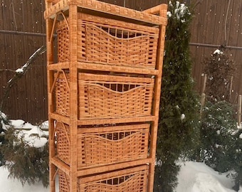 Rieten ladekast van 5 laden, rotan hoog dressoir, opbergkast met laden, slaapkamerlades, dressoir uit het midden van de eeuw, Boho ladekast