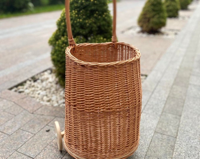 Wicker Trolley, Rattan Shopping Trolley, Shopping Cart, Market Basket on Wheels, Wicker Market