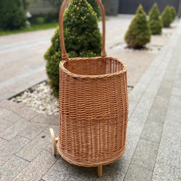 Wicker Trolley, Rattan Shopping Trolley, Shopping Cart, Market Basket on Wheels, Wicker Market Cart, Granny Cart, Wheeled Storage Basket