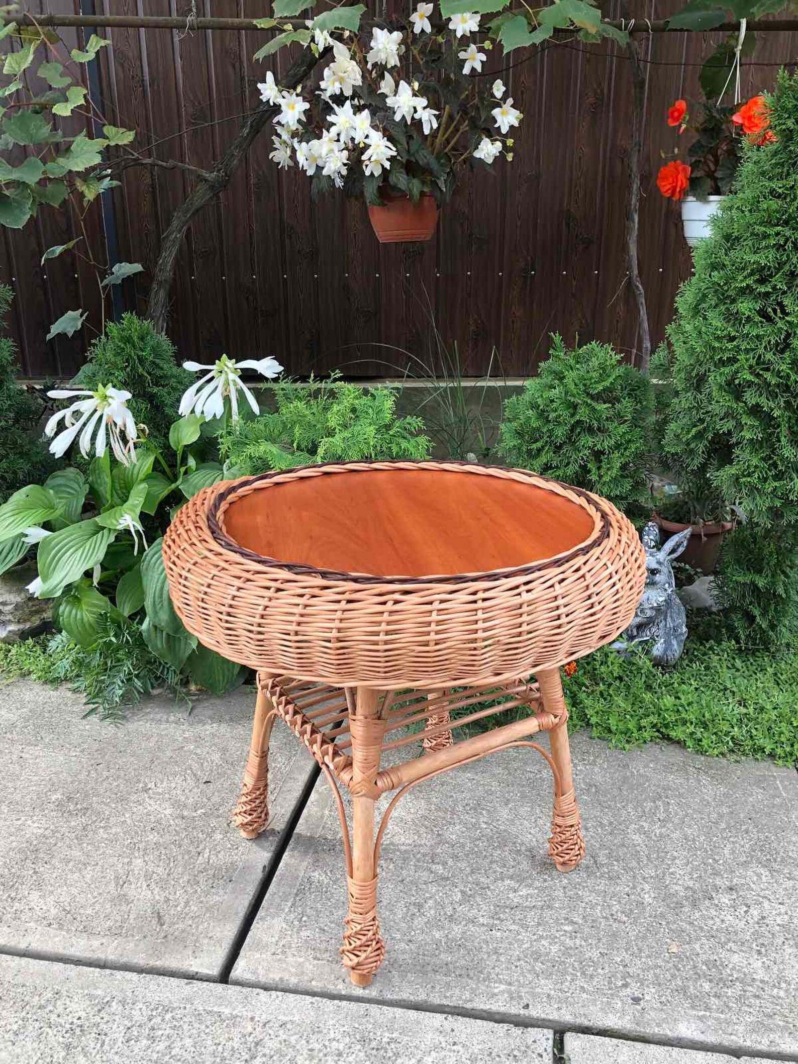Boho Rattan Coffee Table, Round Coffee Table, Wicker Side Table, Wicker