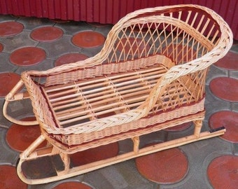 Wicker Kids Snow Sled, Rattan Childrens Sleigh, Christmas Sleigh, Santa&#39;s Sleigh, Wooden Vintage Sleigh, Winter Holiday Sled, Snow Sledge