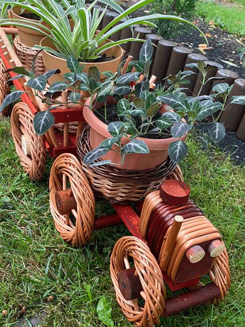 Train Planter with Pots, Wicker Indoor or Outdoor Planter, Succulent Pot, Boho Planter, Garden Decor, Flower Pot, Mid Century Indoor Planter image 3