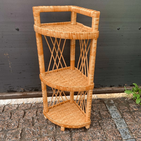 Wicker Corner Shelf, Wicker Furniture, Mid Century Shelf, Rattan Plant Stand, Corner Bookshelf, Open Shelving Unit, Rattan Shelving Unit