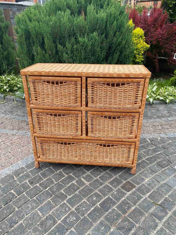Boho Wicker Chest of Drawers Bedroom Dresser Mid Century Rattan