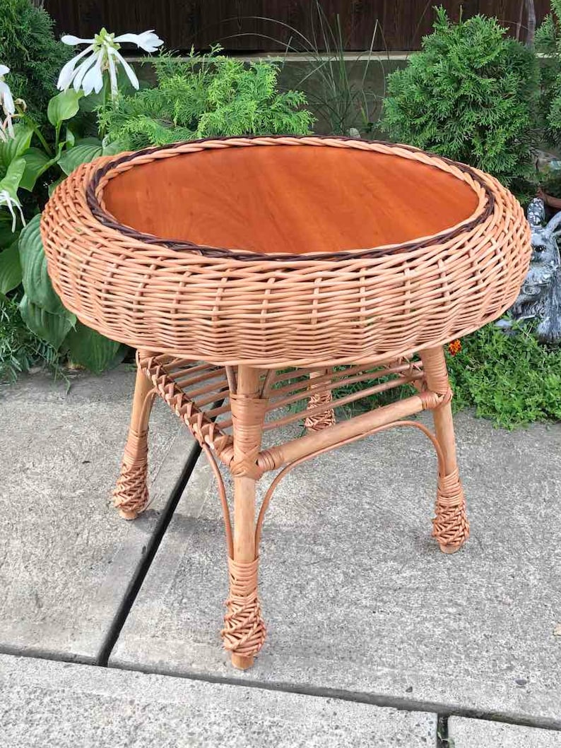 Boho Rattan Coffee Table, Round Coffee Table, Wicker Side Table, Wicker