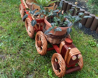 Train Planter with Pots, Wicker Indoor or Outdoor Planter, Succulent Pot, Boho Planter, Garden Decor, Flower Pot, Mid Century Indoor Planter