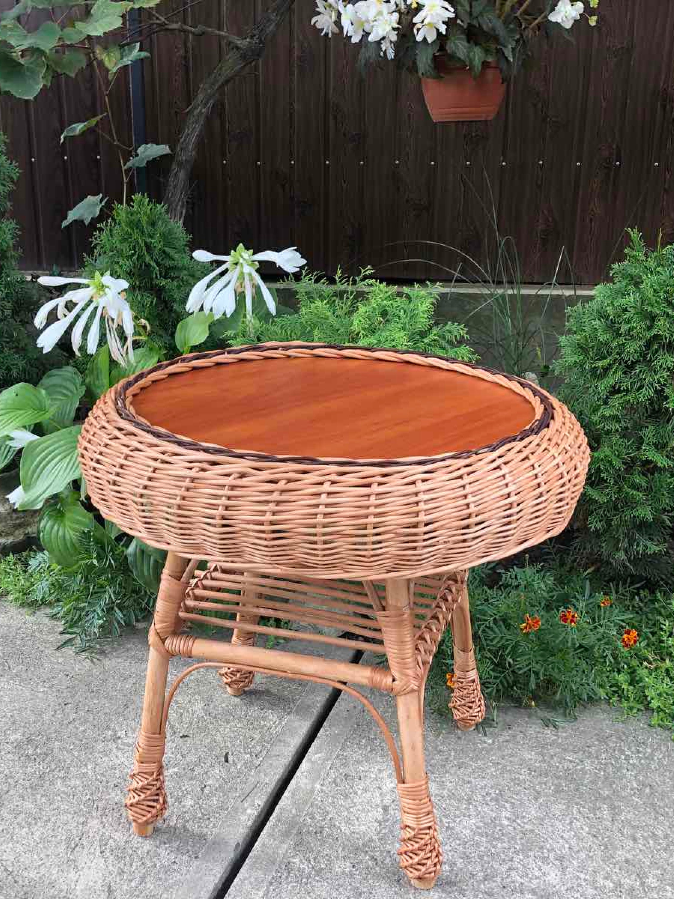 Boho Rattan Coffee Table, Round Coffee Table, Wicker Side Table, Wicker