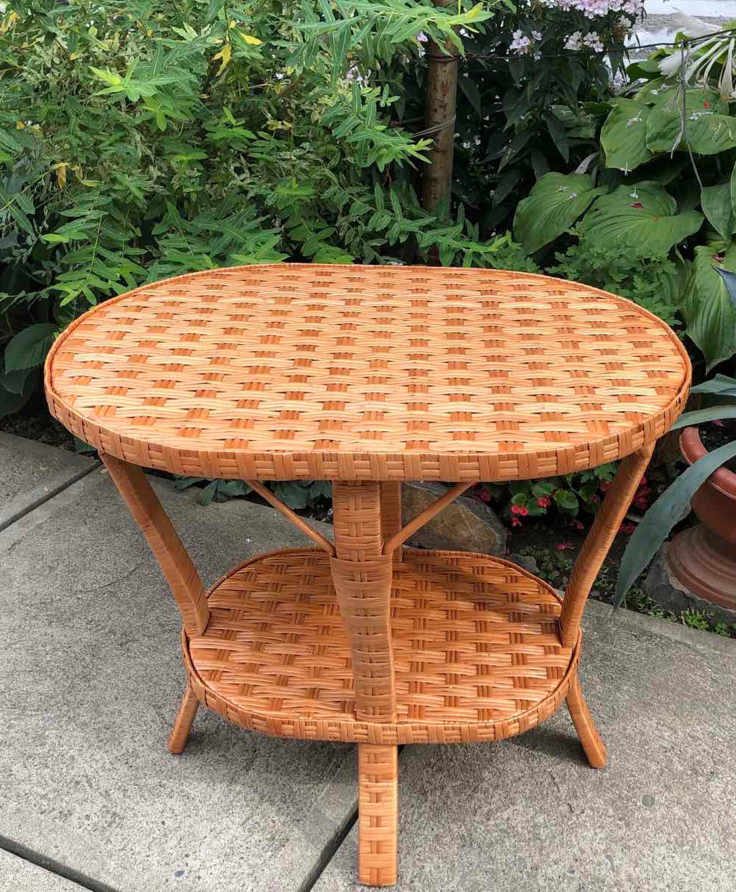 Oval Coffee Table With Shelf, Wicker Coffee Table, Wood Side Table