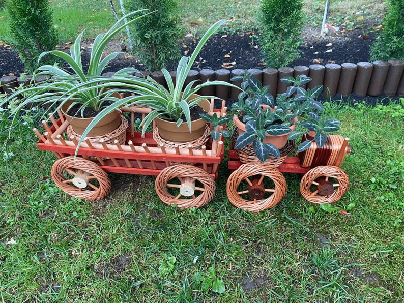 Train Planter with Pots, Wicker Indoor or Outdoor Planter, Succulent Pot, Boho Planter, Garden Decor, Flower Pot, Mid Century Indoor Planter Train + railroad car