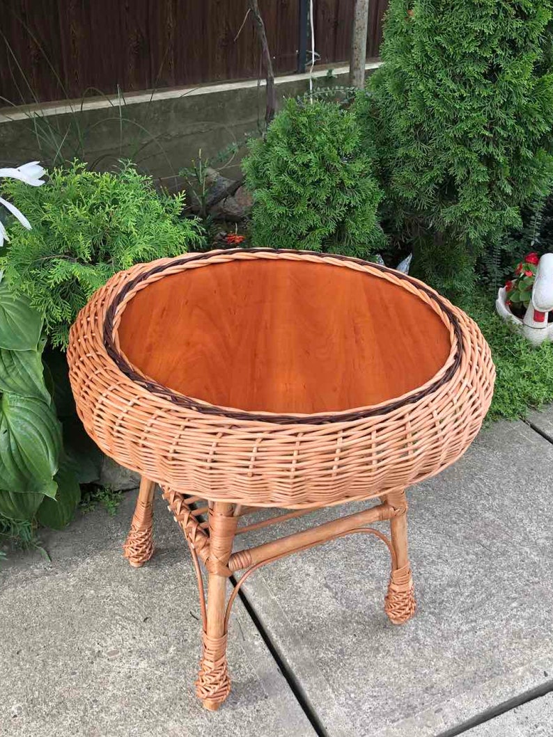 Boho Rattan Coffee Table, Round Coffee Table, Wicker Side Table, Wicker
