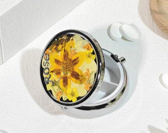 Pressed yellow flower glitter round pill box with makeup mirror,keychain jewelry box,custom name travel pocket pill box,bottom engraved logo