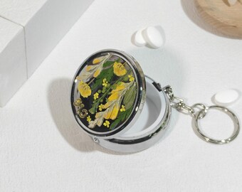Cute mini real yellow flower round pill box with makeup mirror,keychain jewelry box,custom name travel pocket pill box,engraved your logo