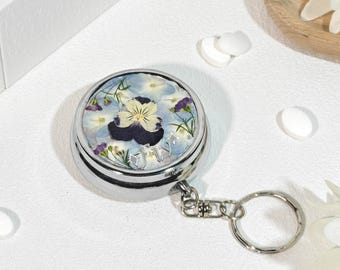 Cute mini real blue flower round pill box with makeup mirror,keychain jewelry box,custom name travel pocket pill box,engraved logo