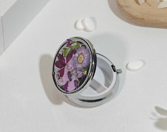 Custom name purple flower round pill box with makeup mirror,keychain jewelry box,cute travel pocket pill box,engraved wedding gift logo