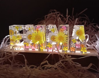 May include: A lighted wooden sign with the word "EMMA" spelled out in clear resin letters. Each letter is filled with pressed flowers in shades of yellow, white, and pink.