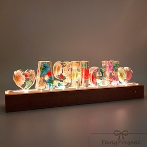 Luz nocturna con letras de colores personalizadas, luz multicolor de carga, lámpara de flor con nombre de resina personalizada con caja de regalo, color de luz ajustable, regalo de boda