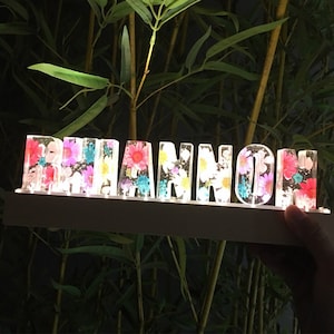 Luz de noche personalizada con flores reales, lámpara de resina con nombre y letras de colores personalizadas, bonita caja de regalo para Halloween y Navidad.