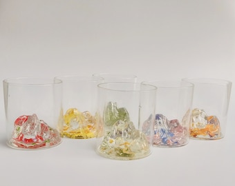 Six Colors flower water glass,dried flowers high borosilicate mountain design glass water glasses milk cups with gift box,resin coasters